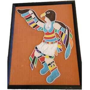 Eagle Dancer Southwestern Zipper Art Sand Painting Framed 18x15" VTG 70s Hopi